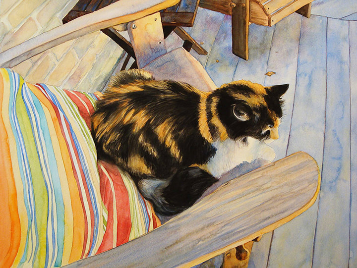 Hand Painted Watercolor Pet Portrait: Calico Cat, Zena In the Chair, 20 x 16 inches, watercolor, by Michelle Rodes Artist
