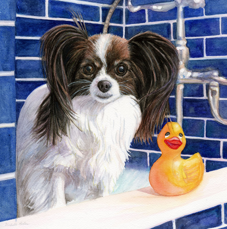 Custom Hand Painted Pet Portrait: Papillion Dog Breed, Sweetheart, 11 x 11 inches, Watercolor by Michelle Rodes Artist