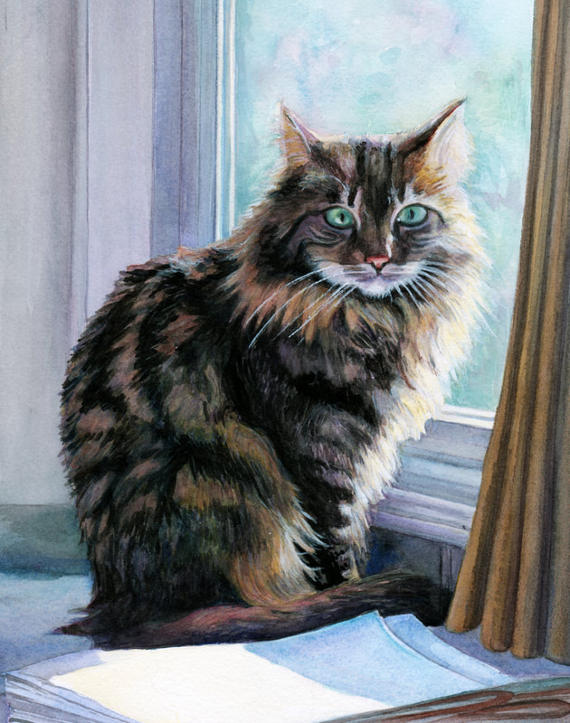 Hand Painted Pet Portrait: Hercules by the Window, American Tabby, 10 x 12 inches, watercolor, inches, by Michelle Rodes Artist
