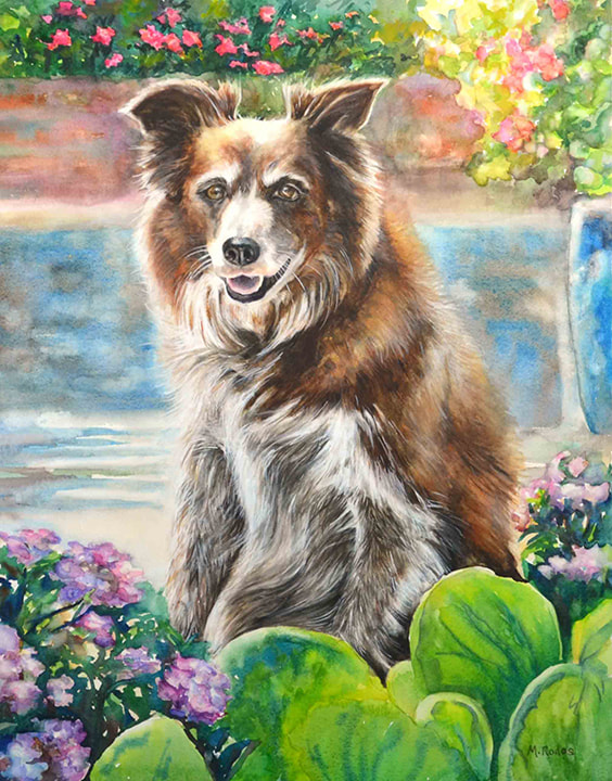Custom Hand Painted Pet Portrait: Dog, Paige in the Flowers, 16 x 24 inches, watercolor, By Michelle Rodes Artist