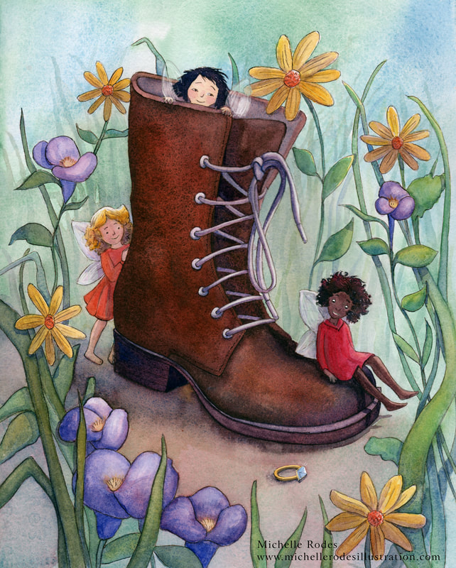 Children's Illustration: Fanciful watercolor painting of faries, a boot, flowers, grass a diamond ring!
By Michelle Rodes