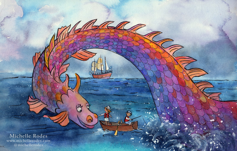Sea Dragon hand painted watercolor illustration by Michelle Rodes