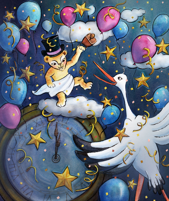New Years Illustration: Watercolor painting of new years baby lion cub with cow bell, balloons, streamers, stars, sequence, clock and stork!
By Michelle Rodes