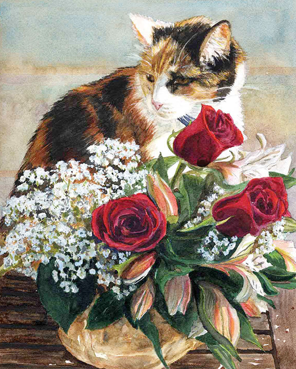 Hand Painted Pet Portrait: Calico Cat, Spanky and the Holiday Flowers, Watercolor, Paper, 8 x 10 inches by Michelle Rodes Artist