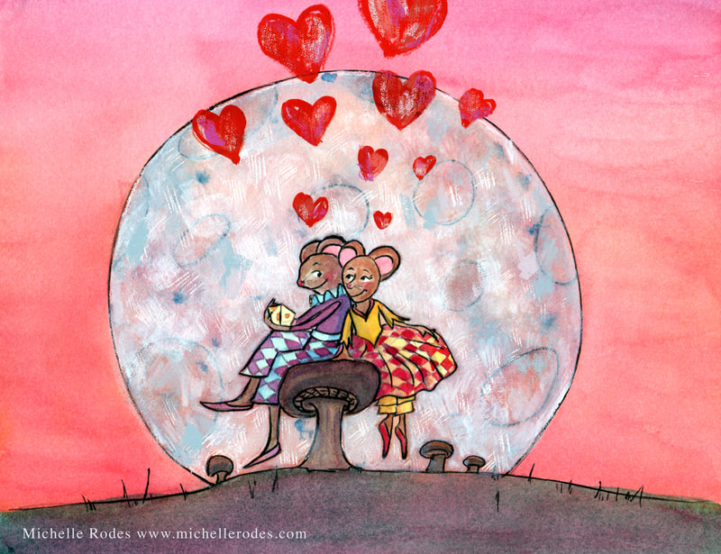 Valentine Illustration: Watercolor illustration of mice, harts, harlequin and the moon!
By Michelle Rodes